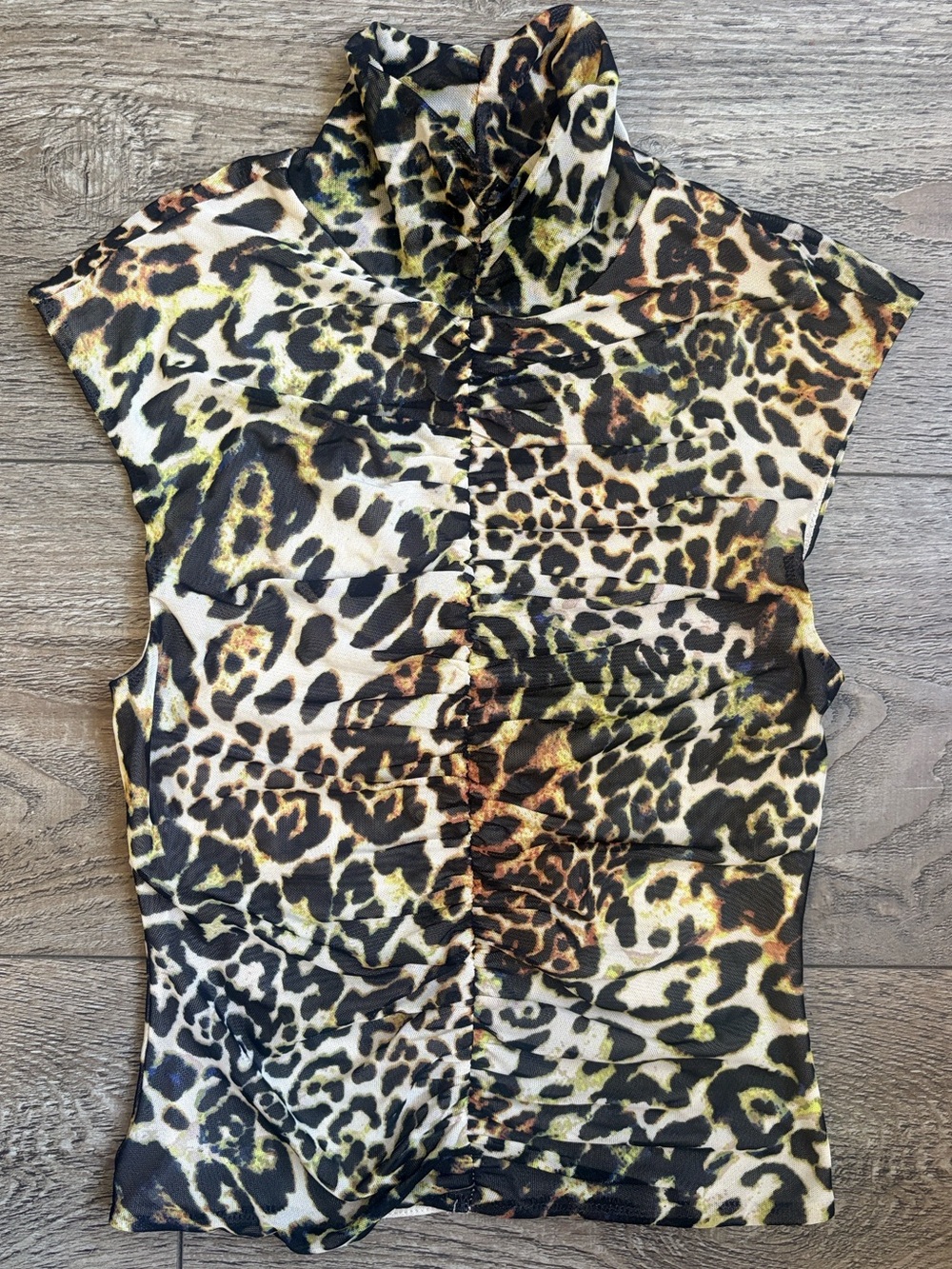 AFRM Jolie Leopard Print Mock Neck Sleeveless Ruched Layered Power Mesh Tank
